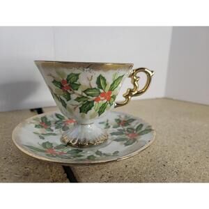 Vintage Sterling China Tea Cup & Saucer Holly Berry Gold Trim Luster Japan